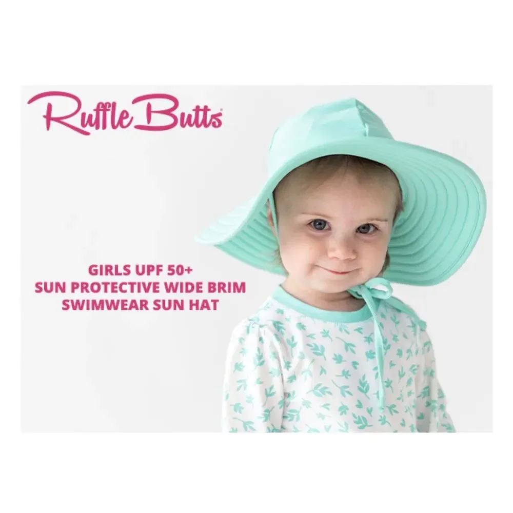 RuffleButts Baby Girls UPF 50+ Wide Brim Swim Sun Hat Vintage Aqua  0-12M Beach